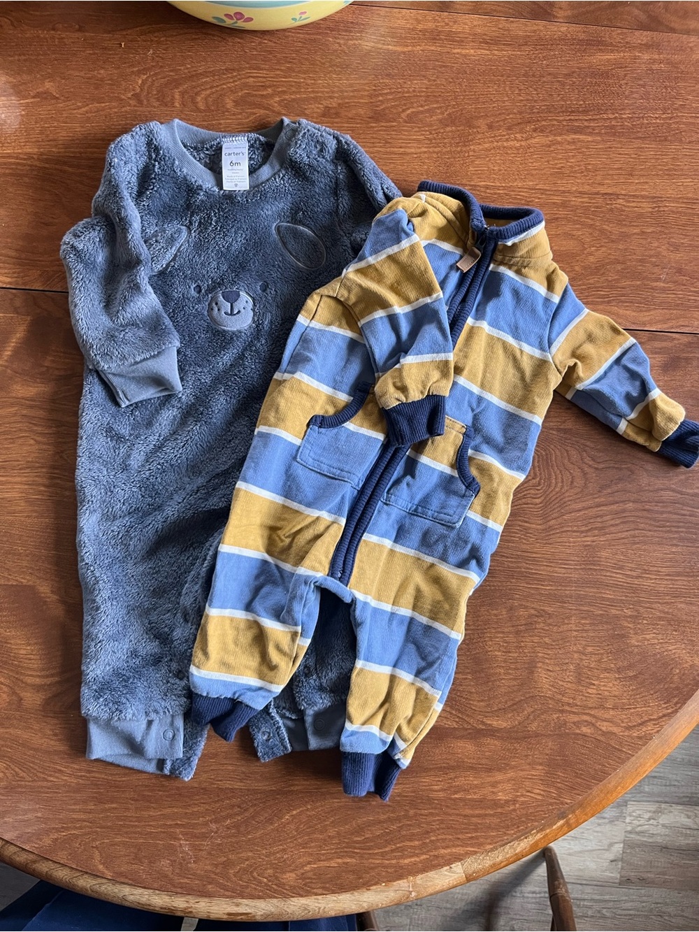 Carter's Blue Plush Bear One-Piece & Striped Zip Footless Romper Set